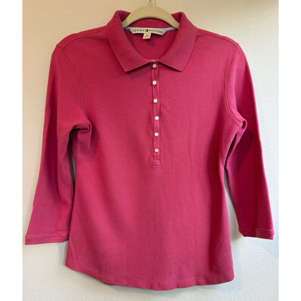 Tommy Hilfiger Women's M Pink Solid Knit Cotton Collared 3/4 Sleeve Polo